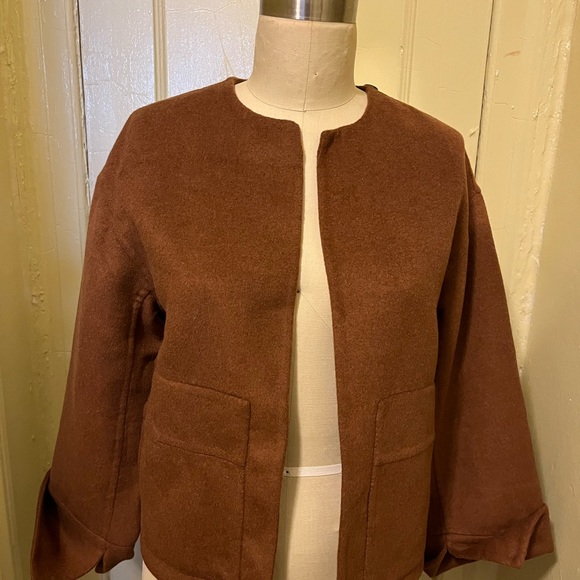 Double faced crop Jacket by House of Harlow 1960. Brown wool blend. Hip & sporty - Picture 8 of 11